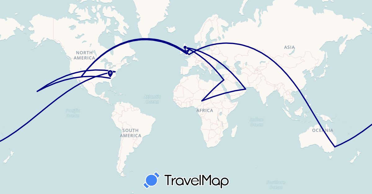 TravelMap itinerary: driving in Australia, China, United Kingdom, Jordan, Nigeria, Oman, United States (Africa, Asia, Europe, North America, Oceania)